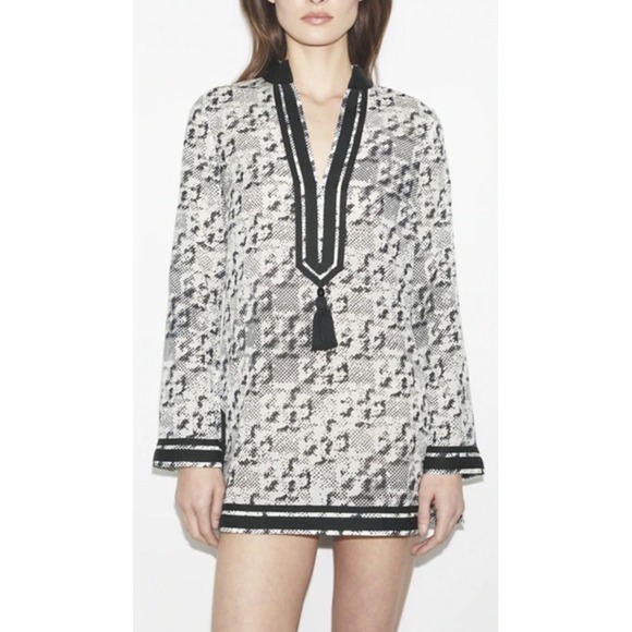 Tory Burch Silk Blend Tassel Tunic Top Dress Ivory Pixelated Logo  Large - Picture 1 of 10